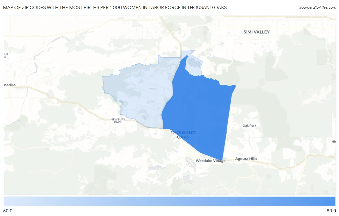 Zip Codes with the Most Births per 1,000 Women in Labor Force in Thousand Oaks Map