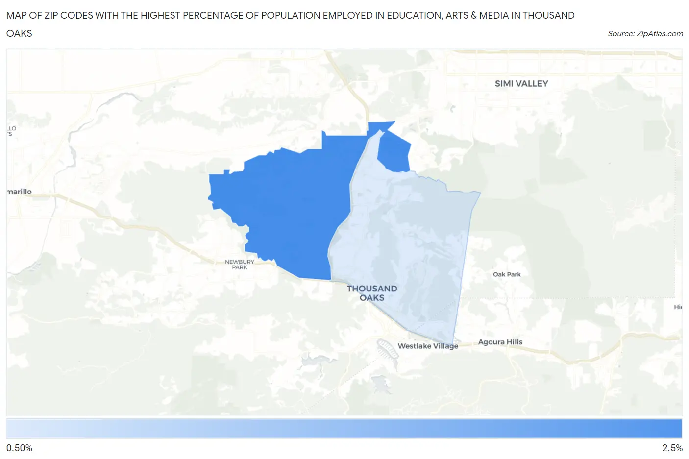 Zip Codes with the Highest Percentage of Population Employed in Education, Arts & Media in Thousand Oaks Map