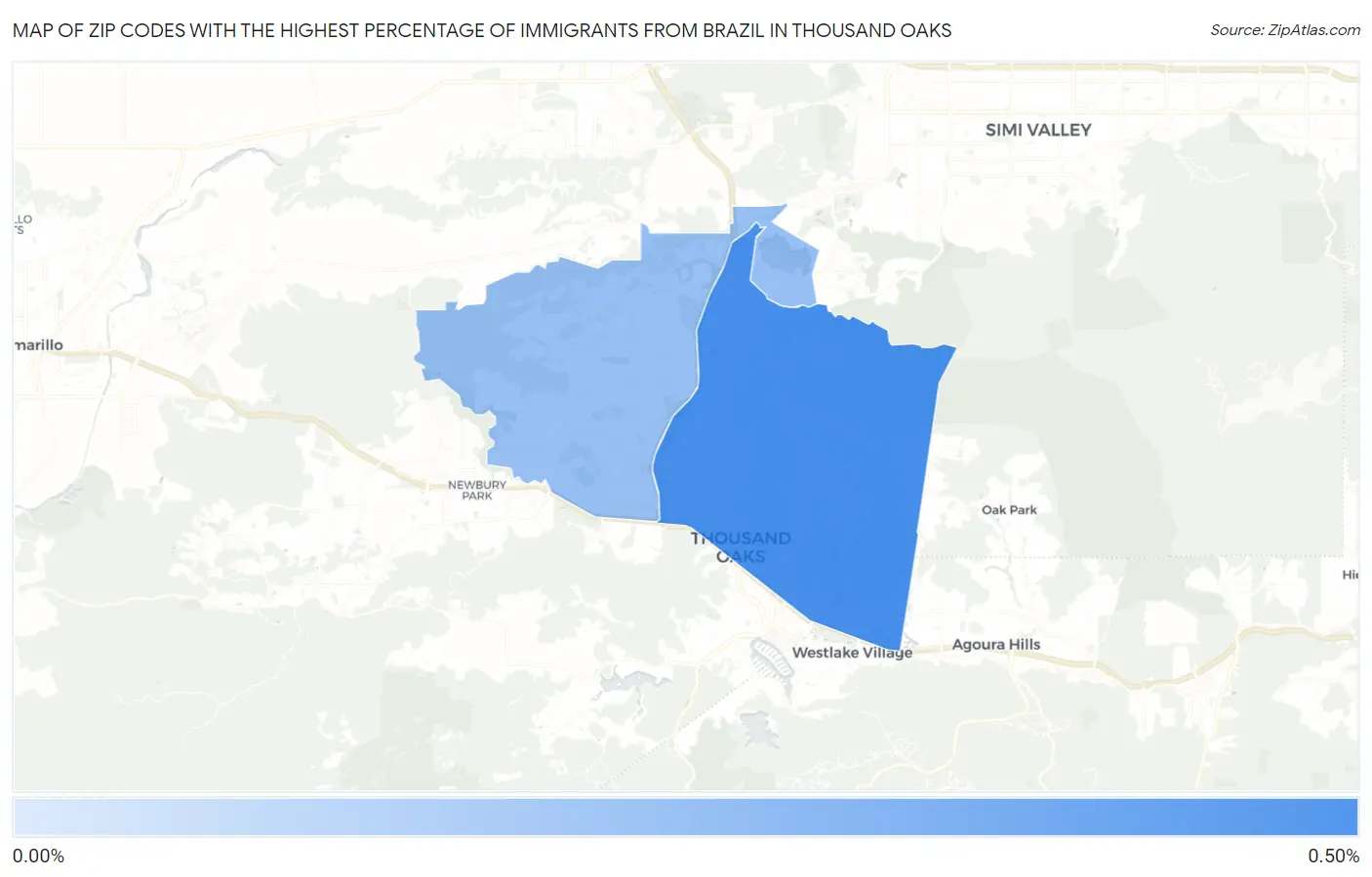 Zip Codes with the Highest Percentage of Immigrants from Brazil in Thousand Oaks Map