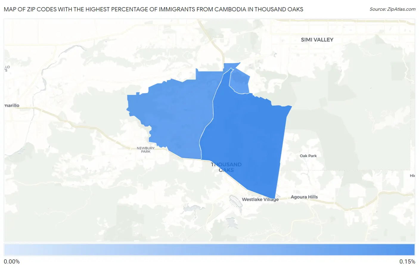 Zip Codes with the Highest Percentage of Immigrants from Cambodia in Thousand Oaks Map