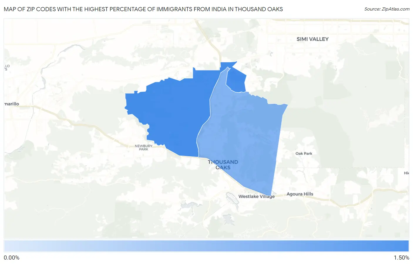 Zip Codes with the Highest Percentage of Immigrants from India in Thousand Oaks Map