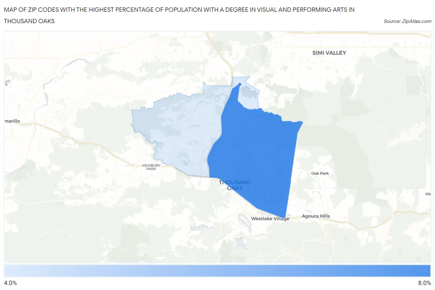 Zip Codes with the Highest Percentage of Population with a Degree in Visual and Performing Arts in Thousand Oaks Map