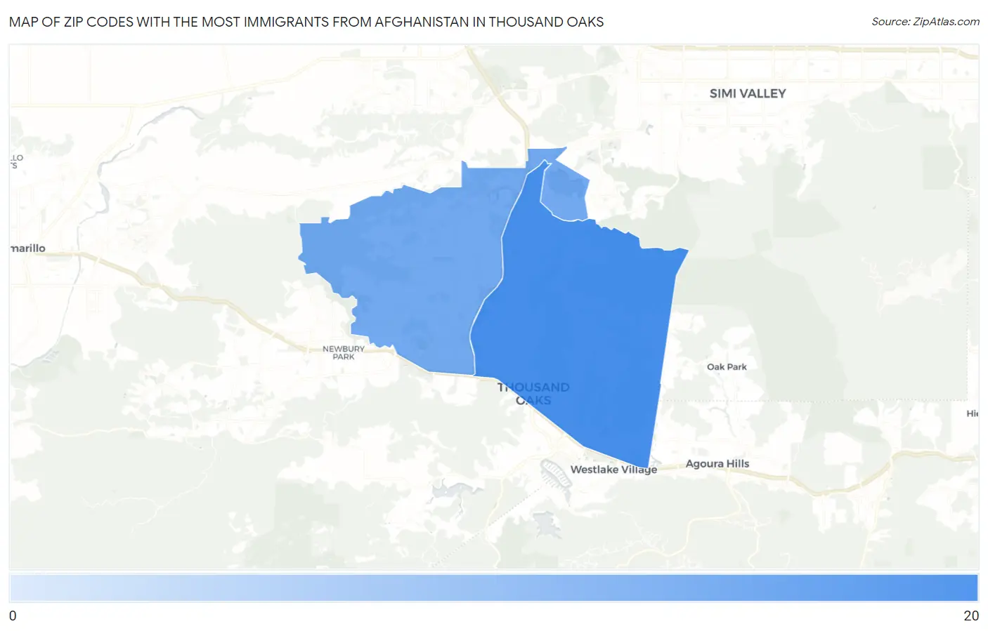 Zip Codes with the Most Immigrants from Afghanistan in Thousand Oaks Map