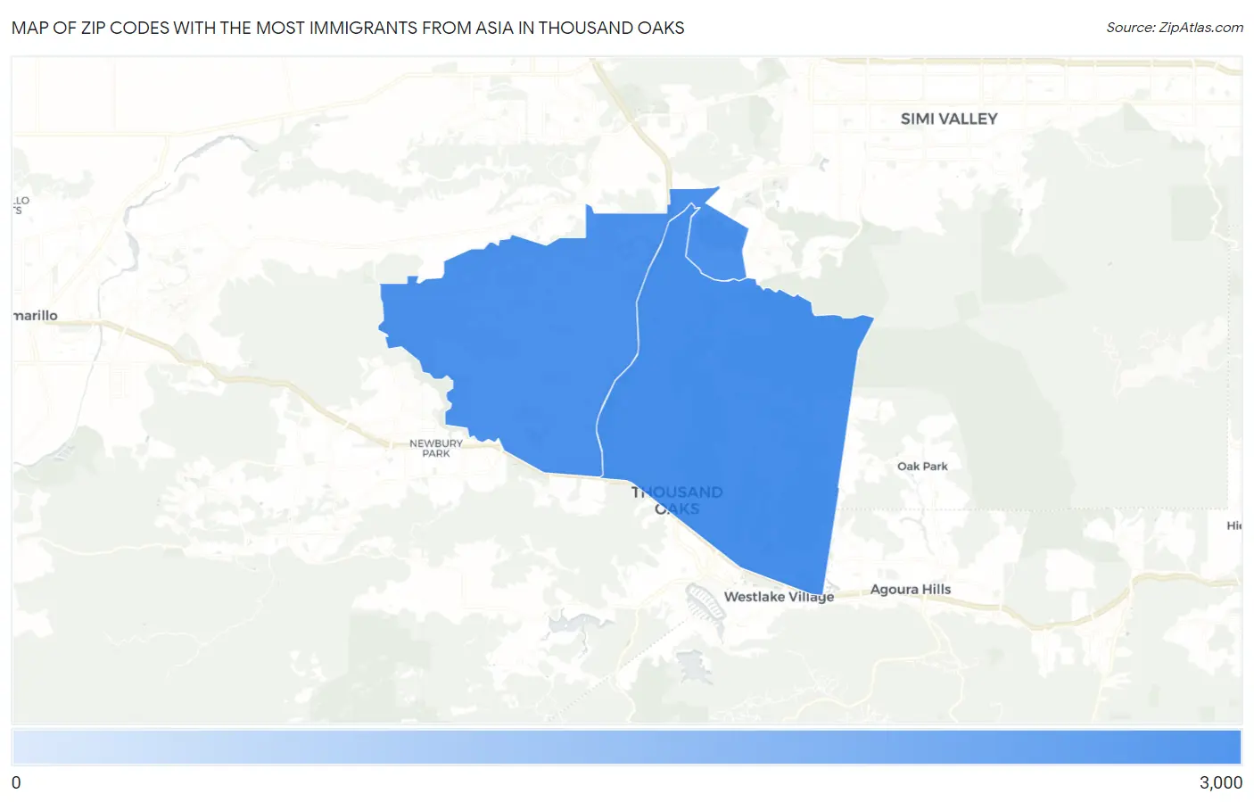 Zip Codes with the Most Immigrants from Asia in Thousand Oaks Map