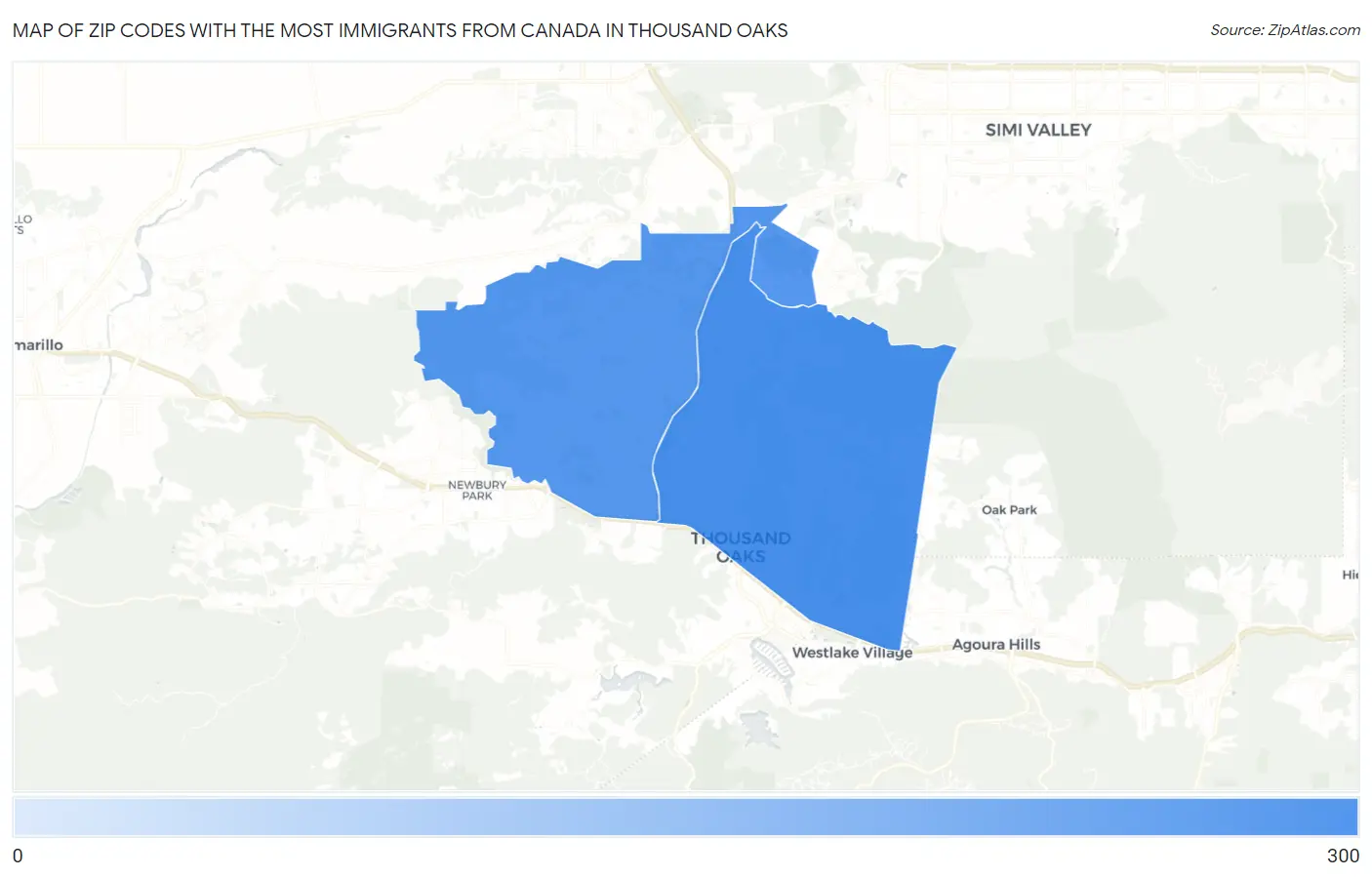 Zip Codes with the Most Immigrants from Canada in Thousand Oaks Map