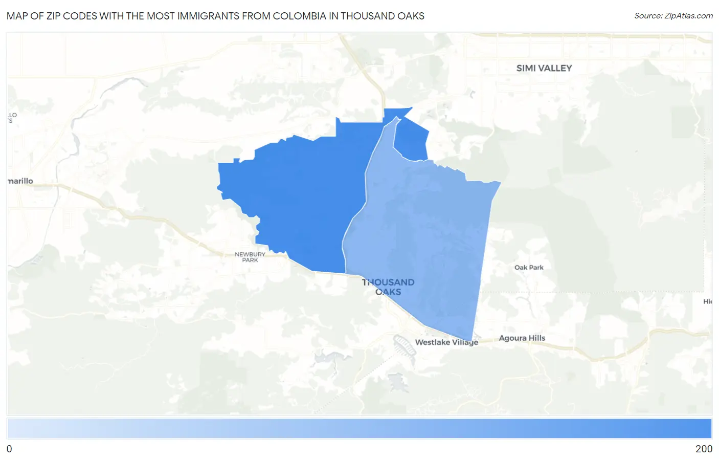 Zip Codes with the Most Immigrants from Colombia in Thousand Oaks Map