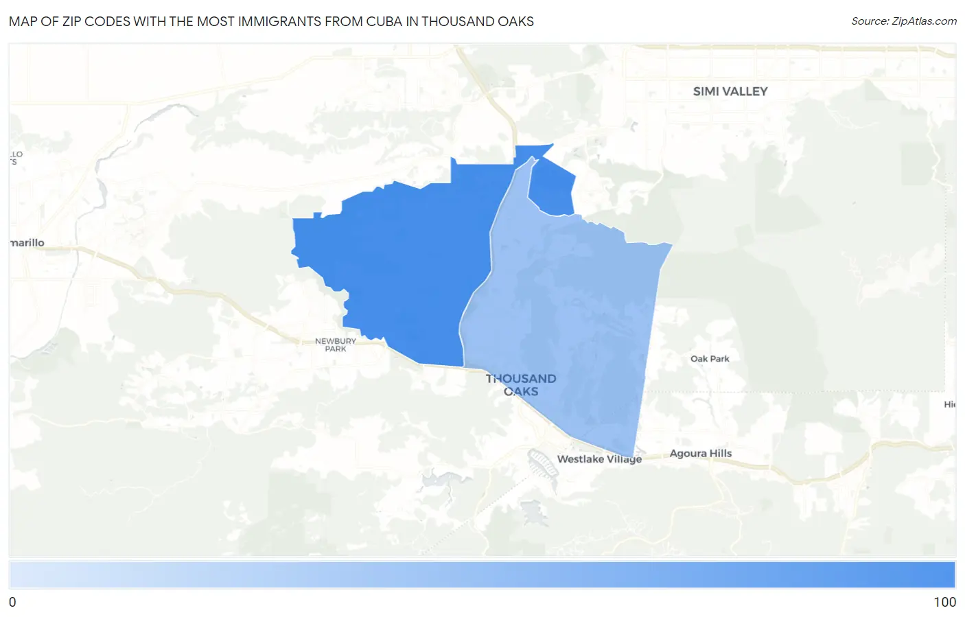 Zip Codes with the Most Immigrants from Cuba in Thousand Oaks Map