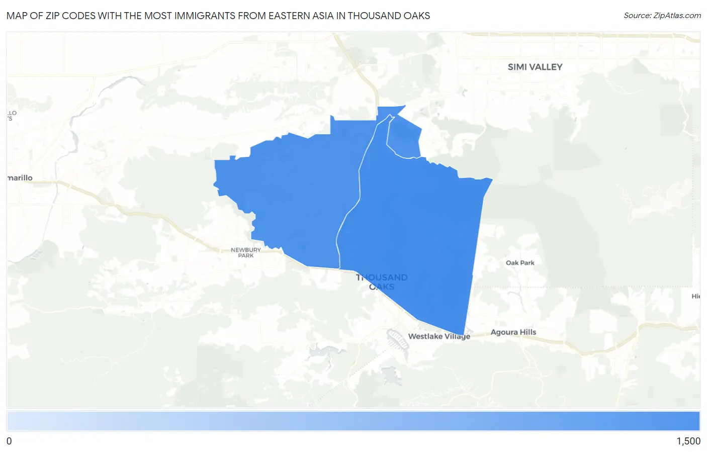 Zip Codes with the Most Immigrants from Eastern Asia in Thousand Oaks Map