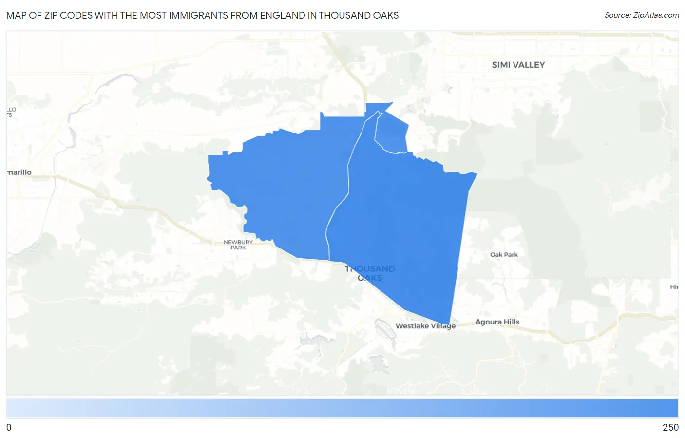 Zip Codes with the Most Immigrants from England in Thousand Oaks Map