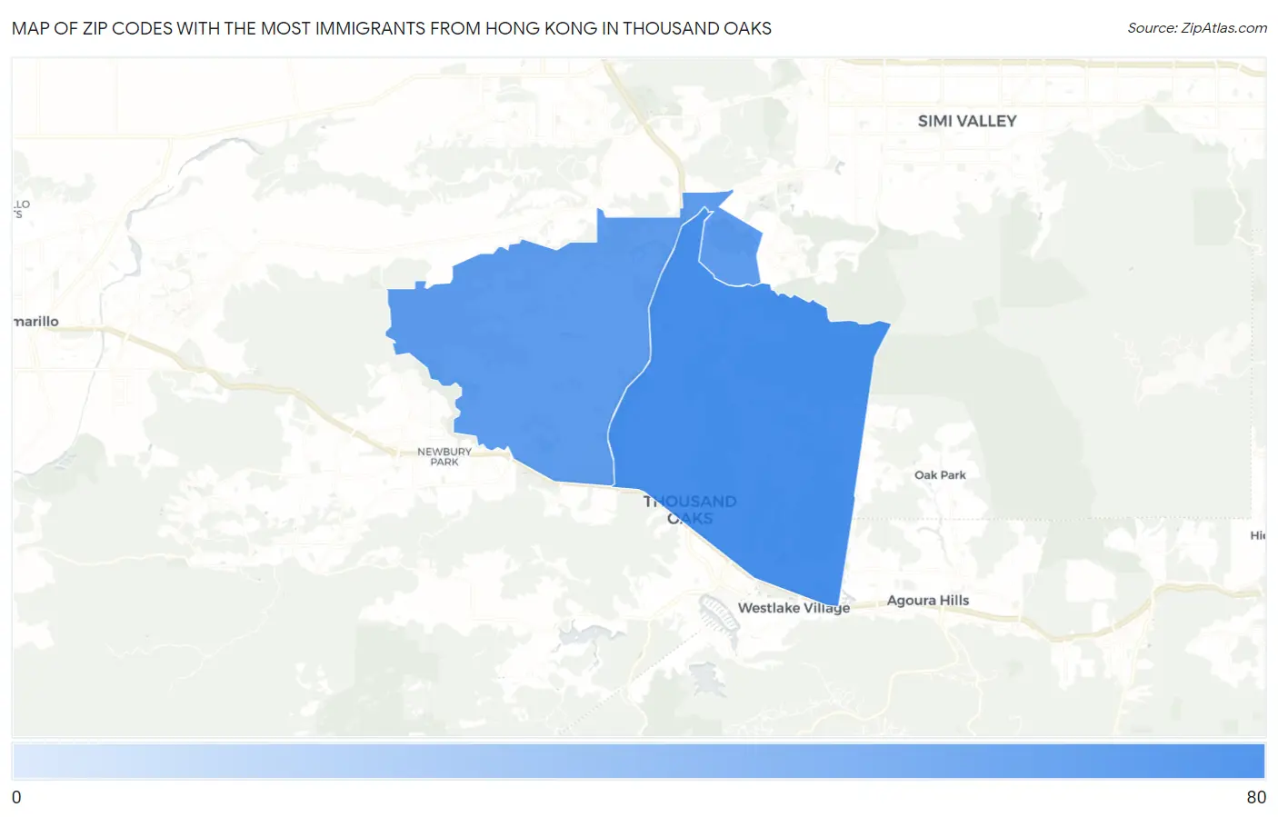Zip Codes with the Most Immigrants from Hong Kong in Thousand Oaks Map