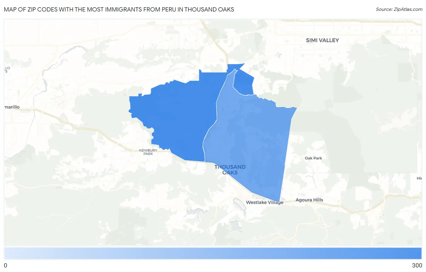 Zip Codes with the Most Immigrants from Peru in Thousand Oaks Map