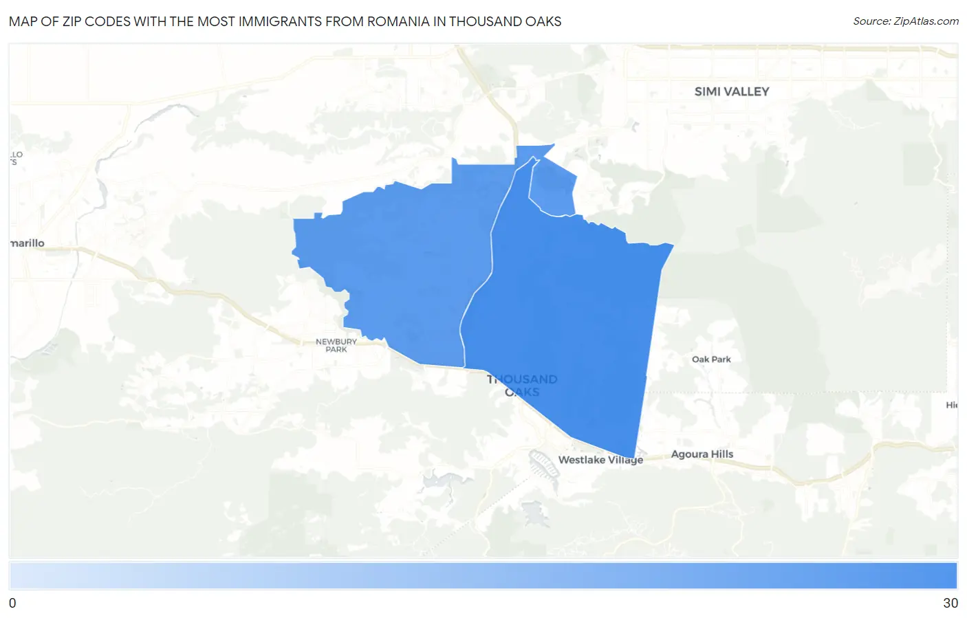 Zip Codes with the Most Immigrants from Romania in Thousand Oaks Map