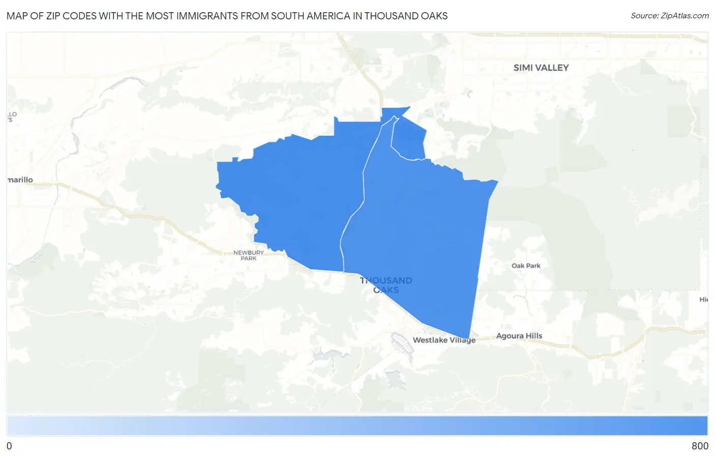 Zip Codes with the Most Immigrants from South America in Thousand Oaks Map