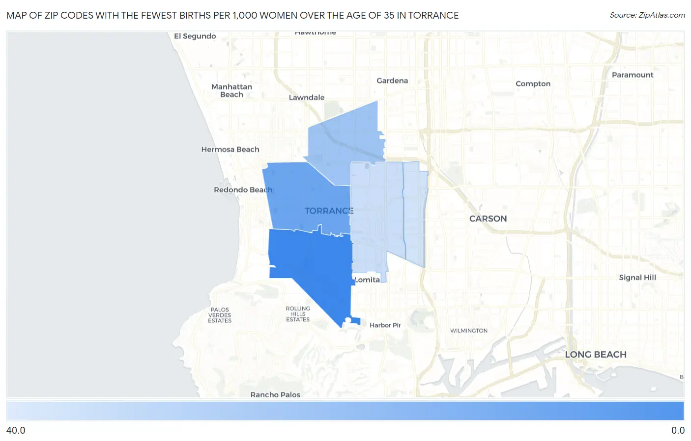 Zip Codes with the Fewest Births per 1,000 Women Over the Age of 35 in Torrance Map