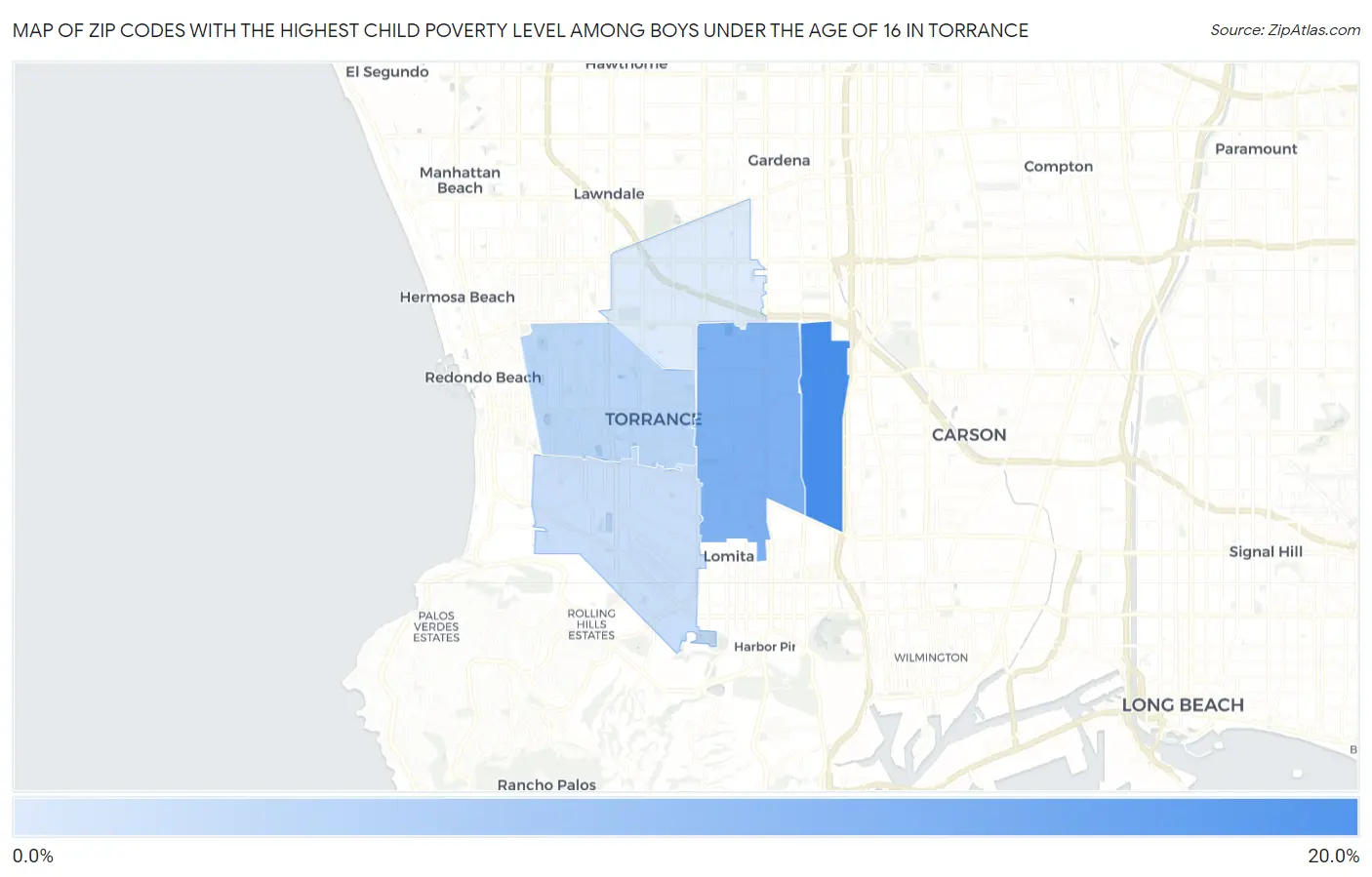 Zip Codes with the Highest Child Poverty Level Among Boys Under the Age of 16 in Torrance Map