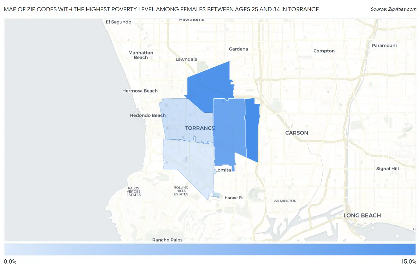 Zip Codes with the Highest Poverty Level Among Females Between Ages 25 and 34 in Torrance Map