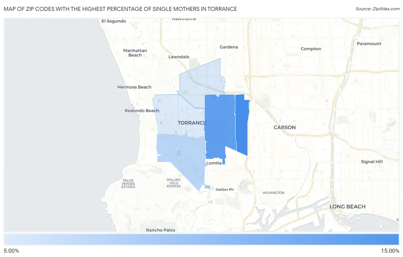 Zip Codes with the Highest Percentage of Single Mothers in Torrance Map