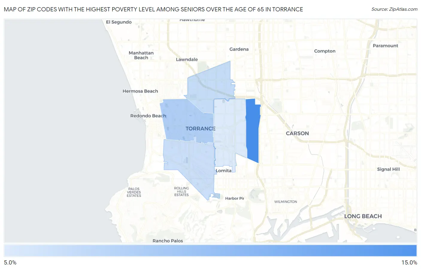 Zip Codes with the Highest Poverty Level Among Seniors Over the Age of 65 in Torrance Map