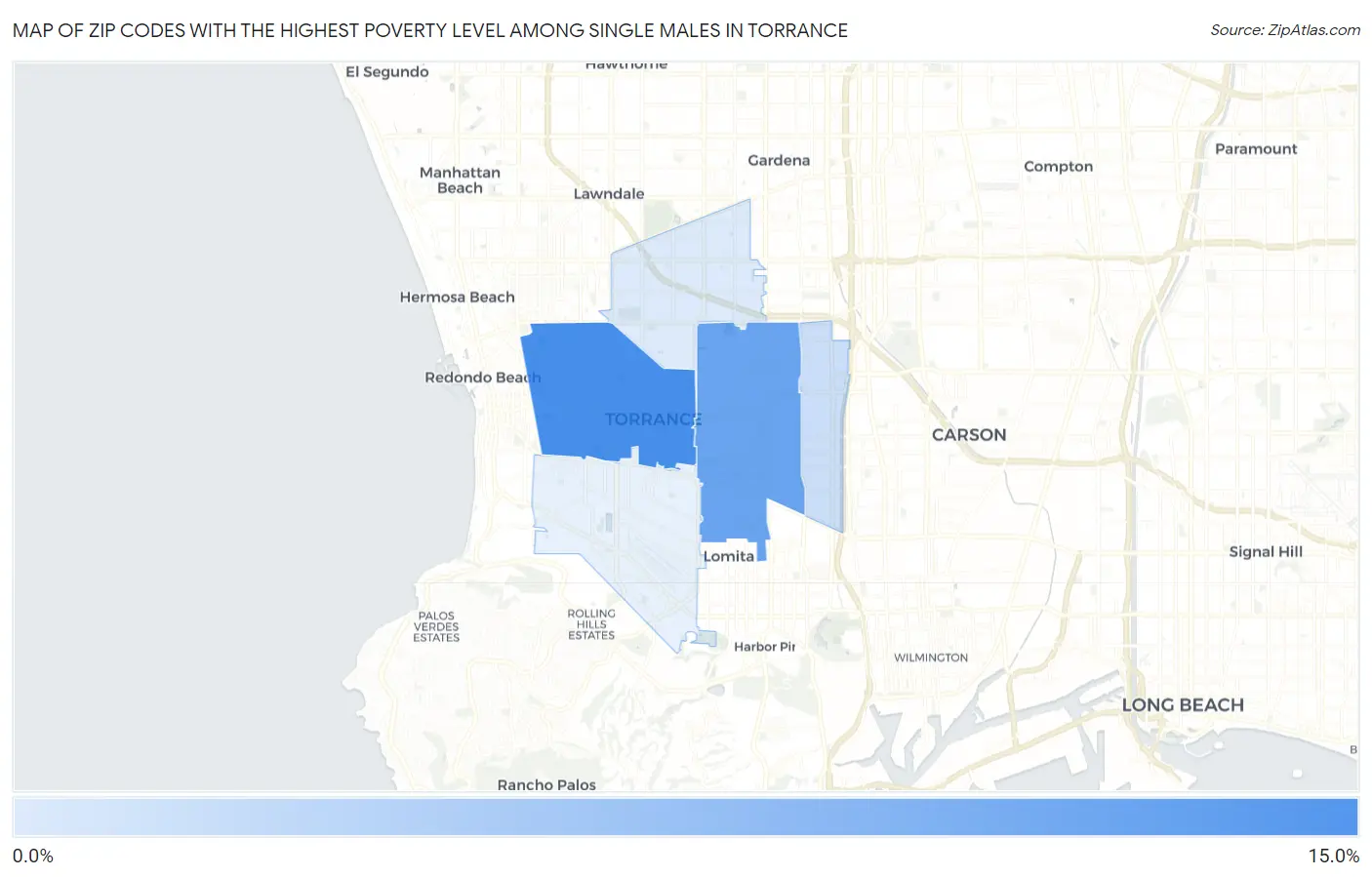 Zip Codes with the Highest Poverty Level Among Single Males in Torrance Map