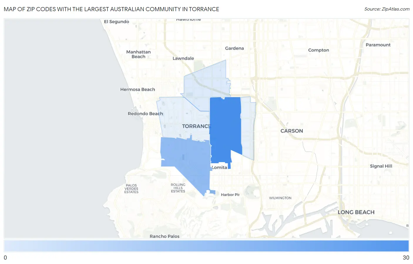 Zip Codes with the Largest Australian Community in Torrance Map