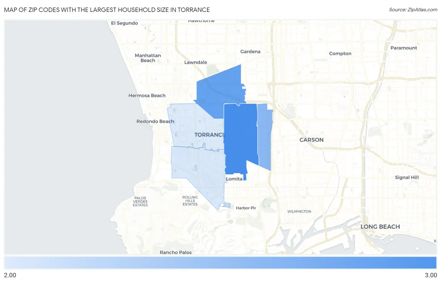 Zip Codes with the Largest Household Size in Torrance Map