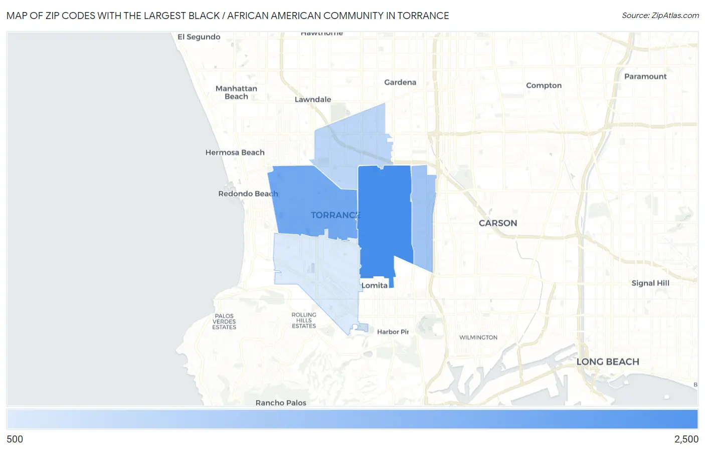 Zip Codes with the Largest Black / African American Community in Torrance Map