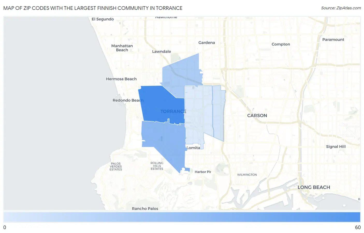 Zip Codes with the Largest Finnish Community in Torrance Map