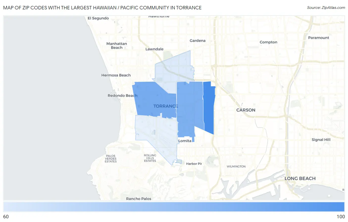 Zip Codes with the Largest Hawaiian / Pacific Community in Torrance Map