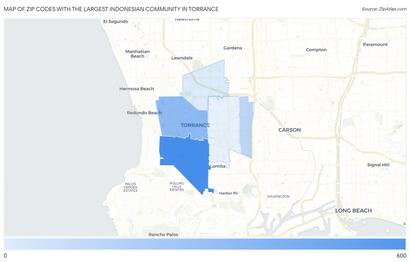 Zip Codes with the Largest Indonesian Community in Torrance Map