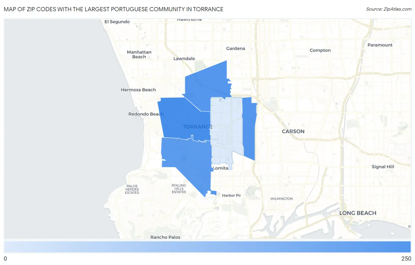 Zip Codes with the Largest Portuguese Community in Torrance Map