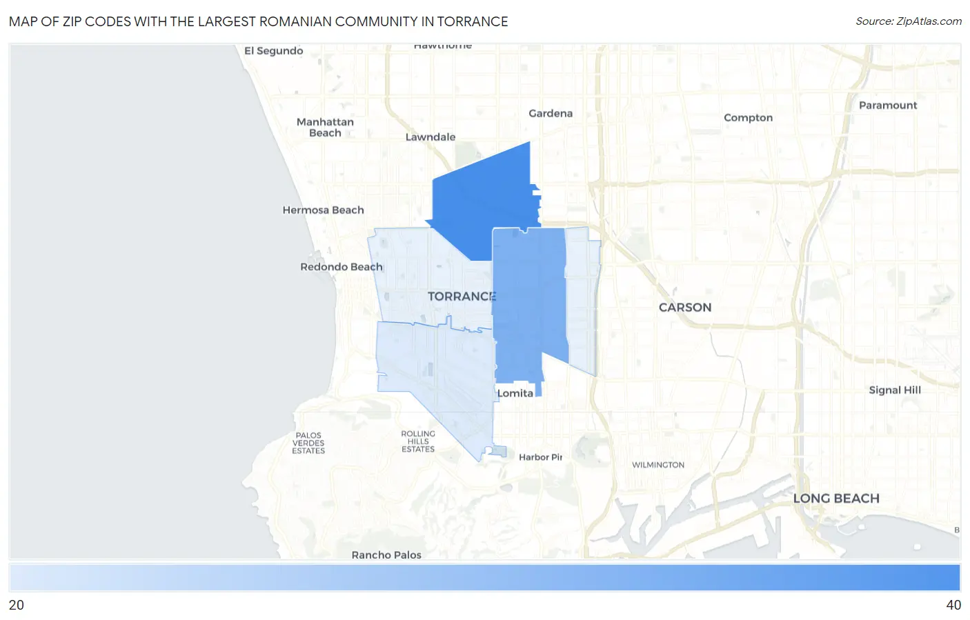Zip Codes with the Largest Romanian Community in Torrance Map