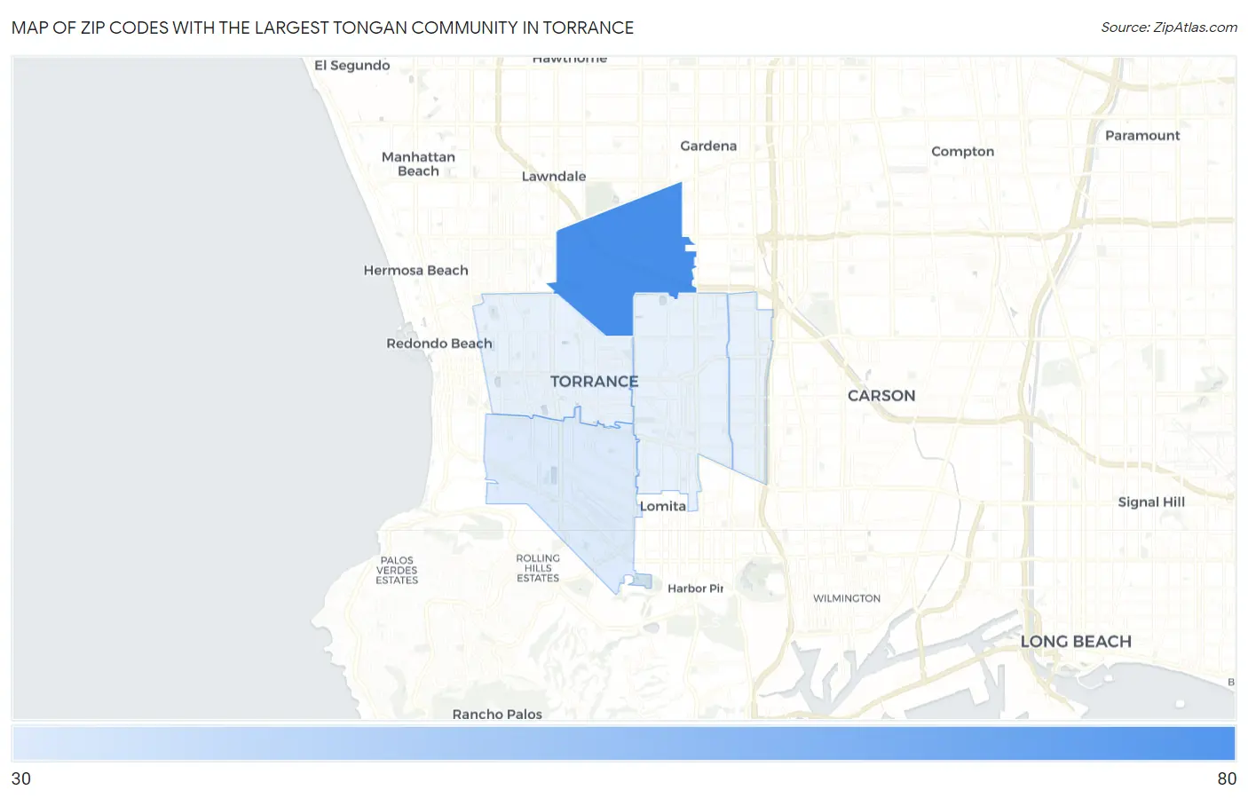 Zip Codes with the Largest Tongan Community in Torrance Map