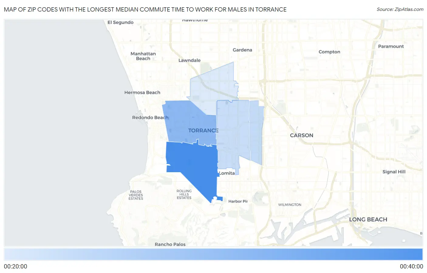 Zip Codes with the Longest Median Commute Time to Work for Males in Torrance Map