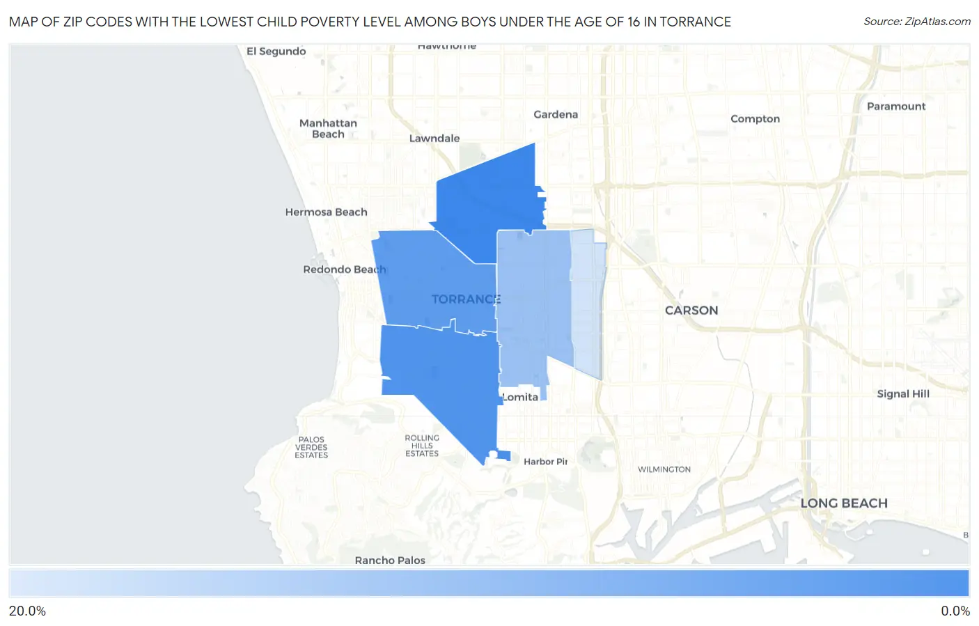 Zip Codes with the Lowest Child Poverty Level Among Boys Under the Age of 16 in Torrance Map