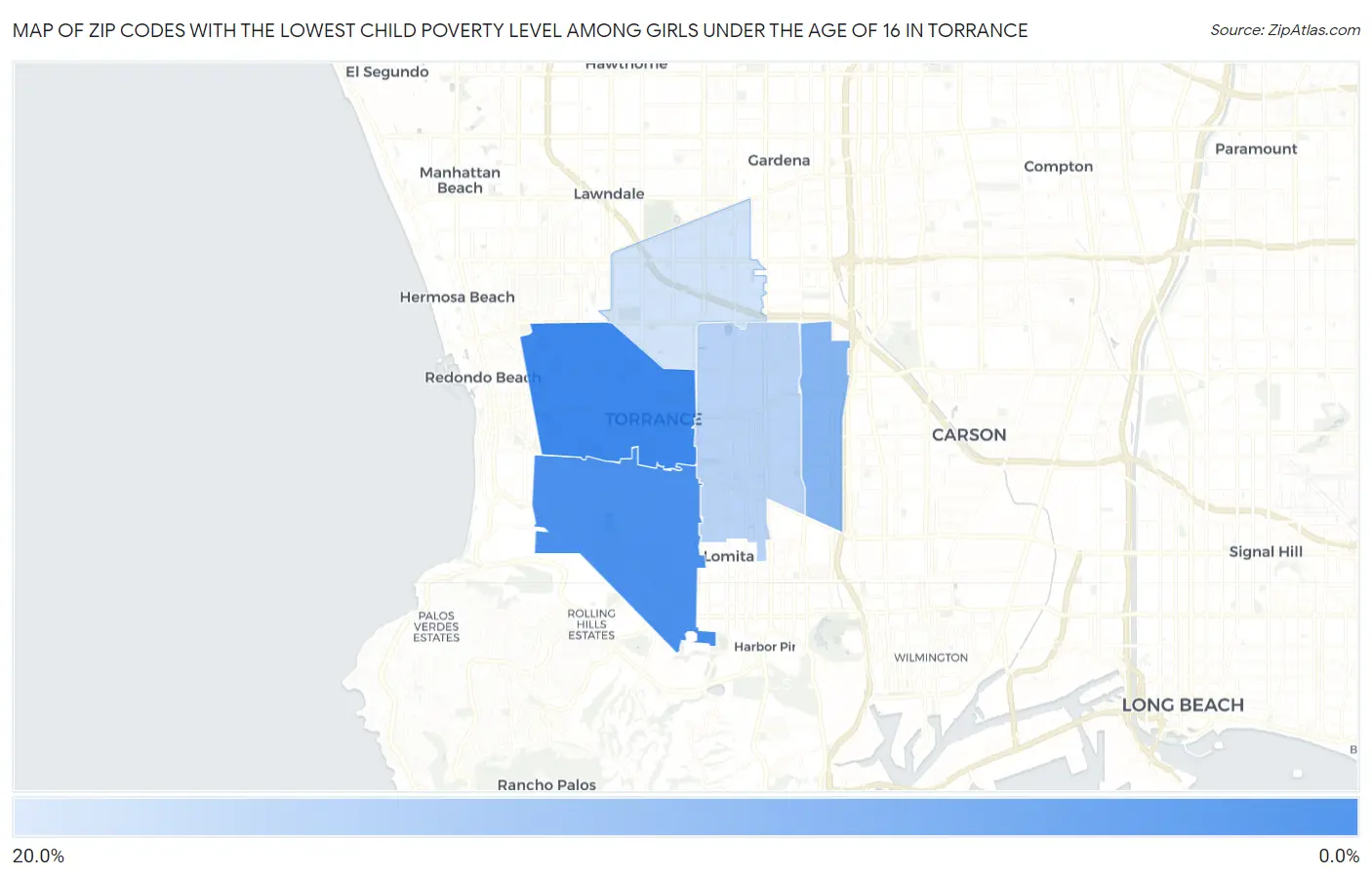 Zip Codes with the Lowest Child Poverty Level Among Girls Under the Age of 16 in Torrance Map