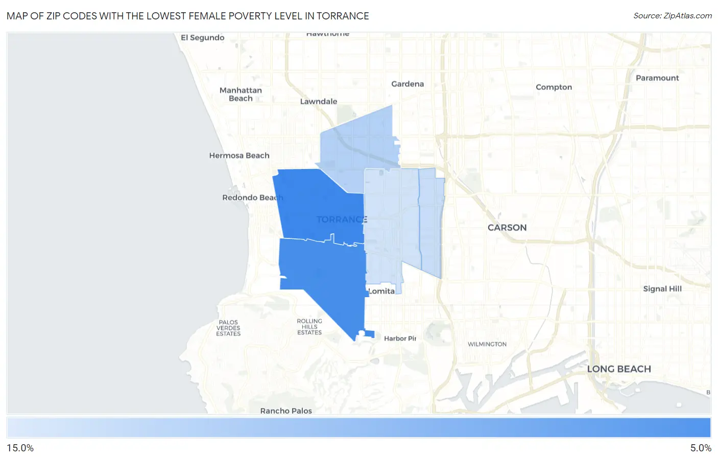 Zip Codes with the Lowest Female Poverty Level in Torrance Map