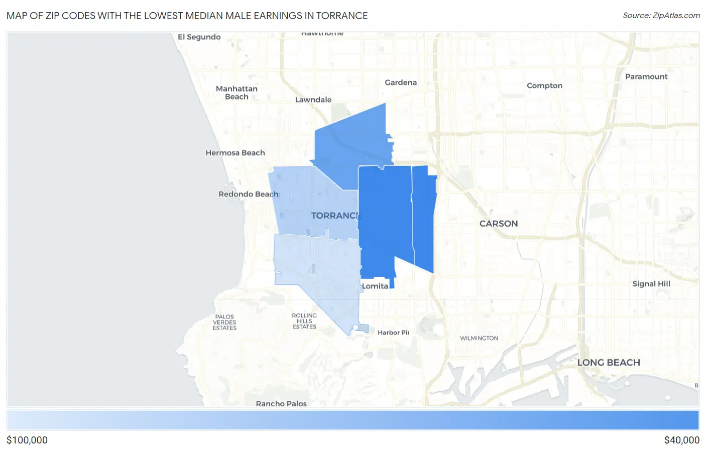 Zip Codes with the Lowest Median Male Earnings in Torrance Map