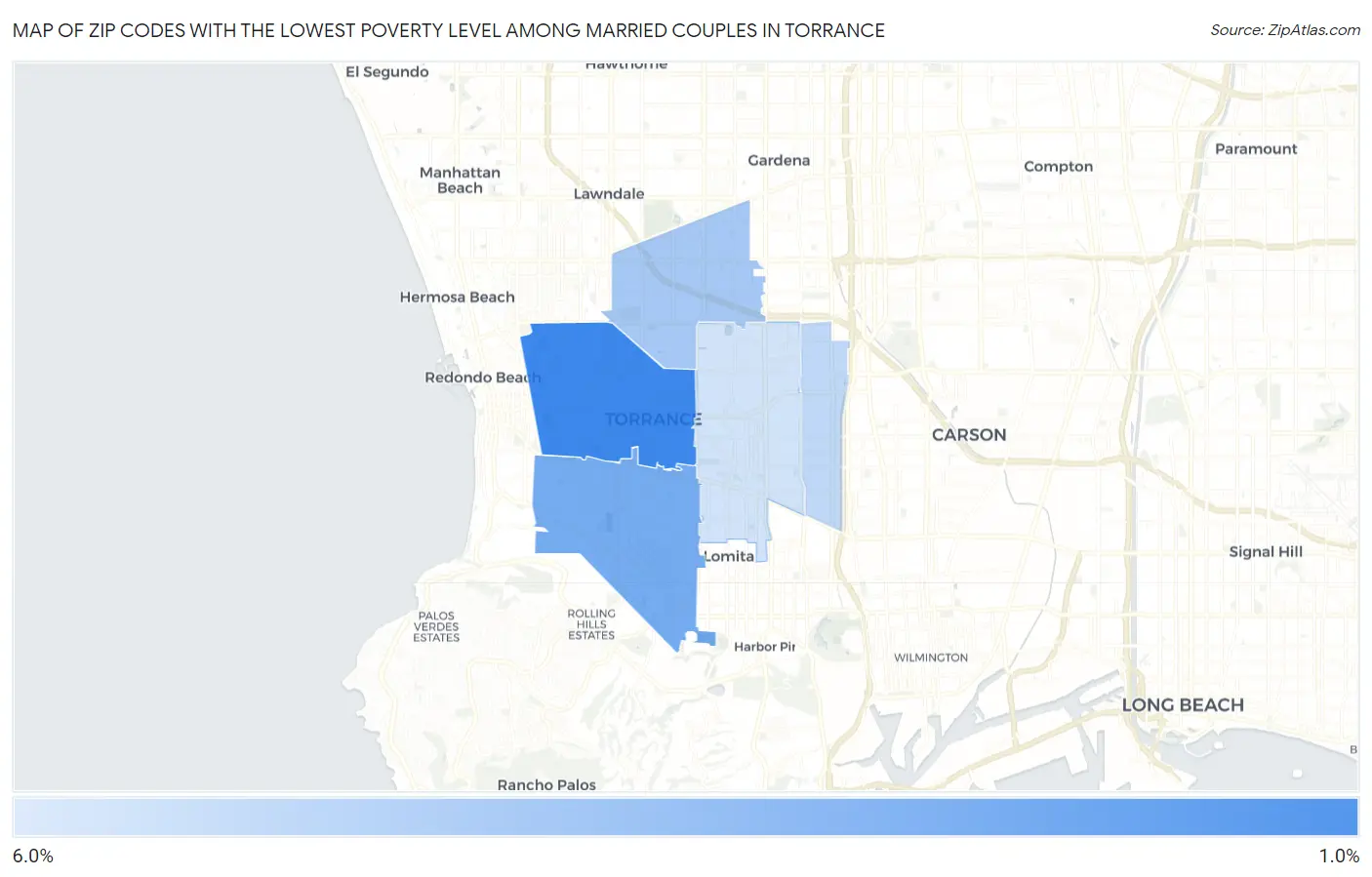 Zip Codes with the Lowest Poverty Level Among Married Couples in Torrance Map