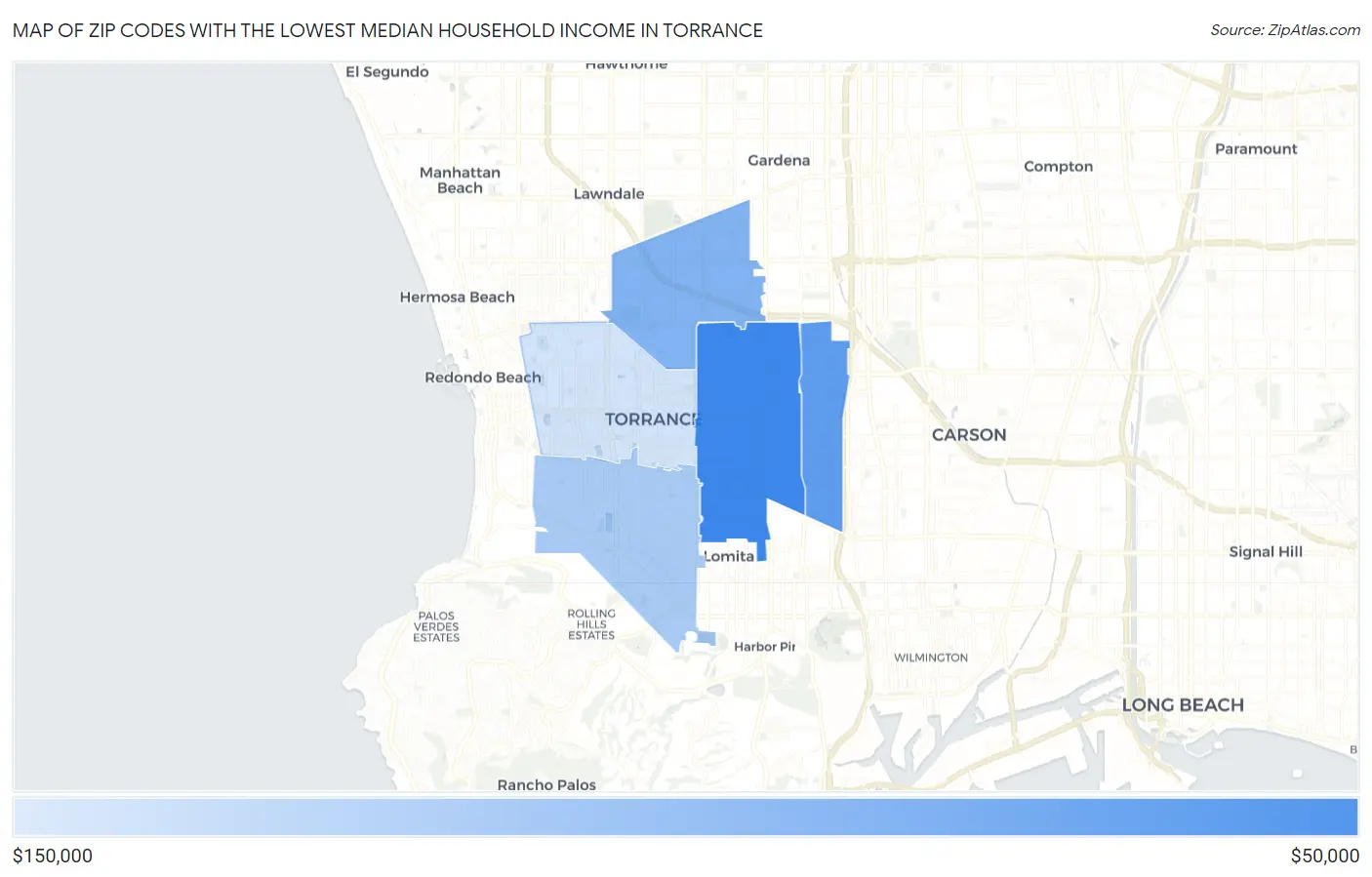 Zip Codes with the Lowest Median Household Income in Torrance Map