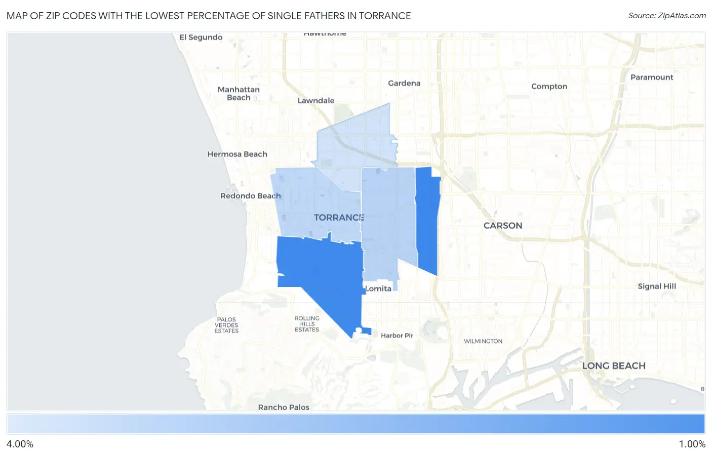 Zip Codes with the Lowest Percentage of Single Fathers in Torrance Map