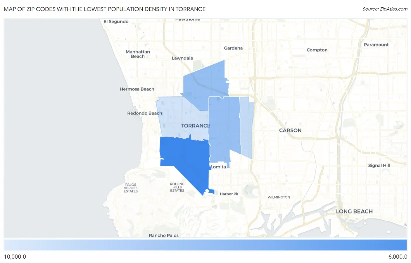 Zip Codes with the Lowest Population Density in Torrance Map