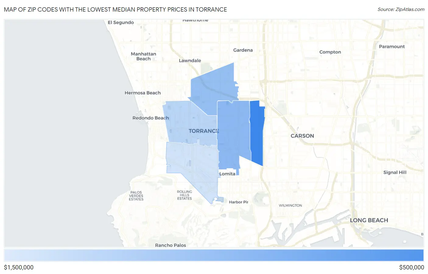Zip Codes with the Lowest Median Property Prices in Torrance Map