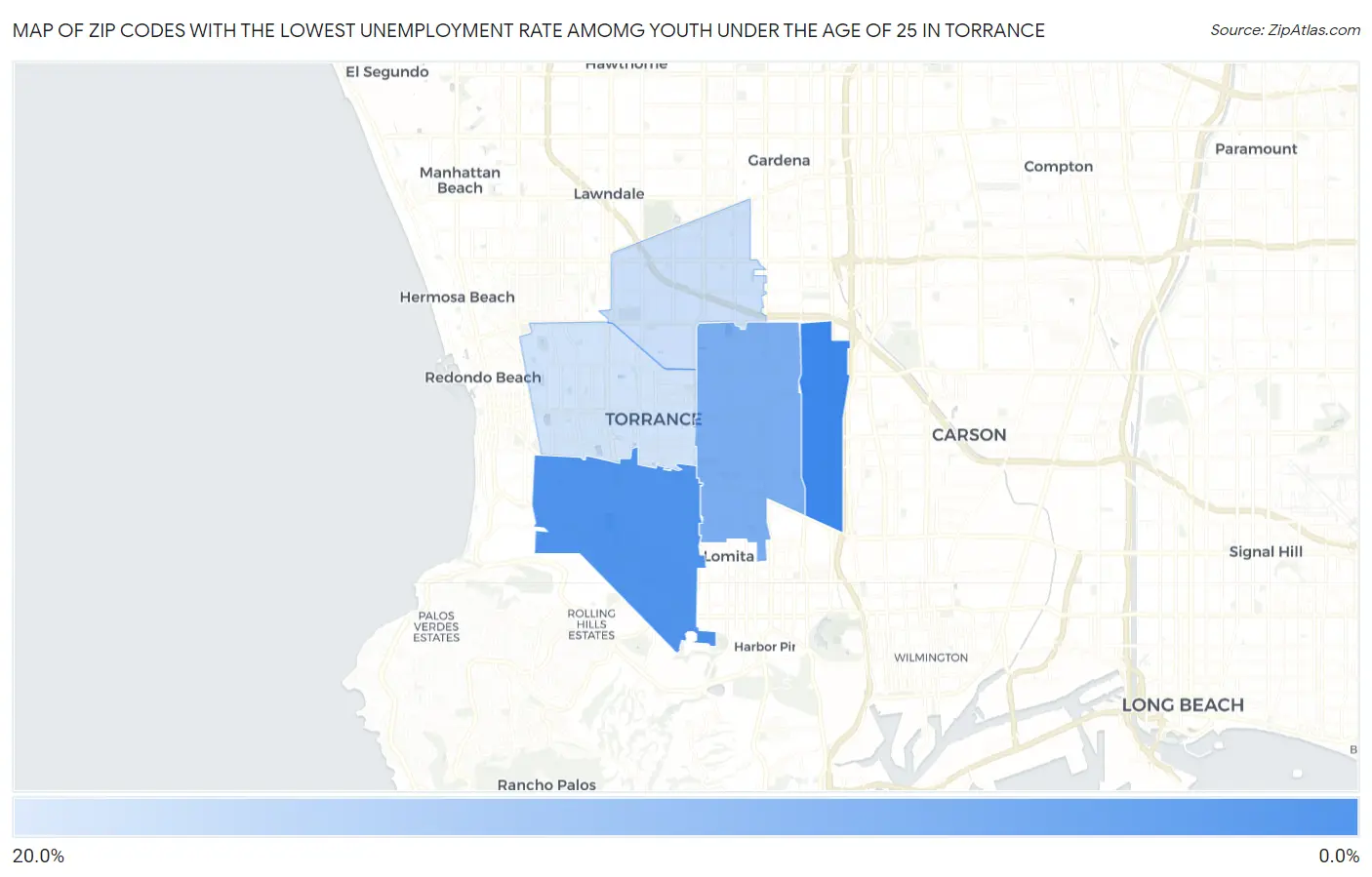 Zip Codes with the Lowest Unemployment Rate Amomg Youth Under the Age of 25 in Torrance Map