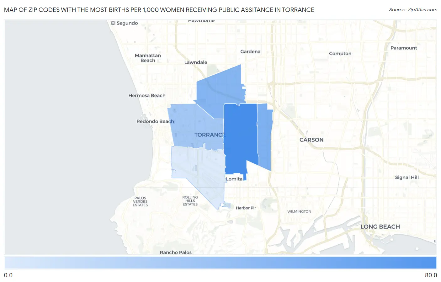 Zip Codes with the Most Births per 1,000 Women Receiving Public Assitance in Torrance Map