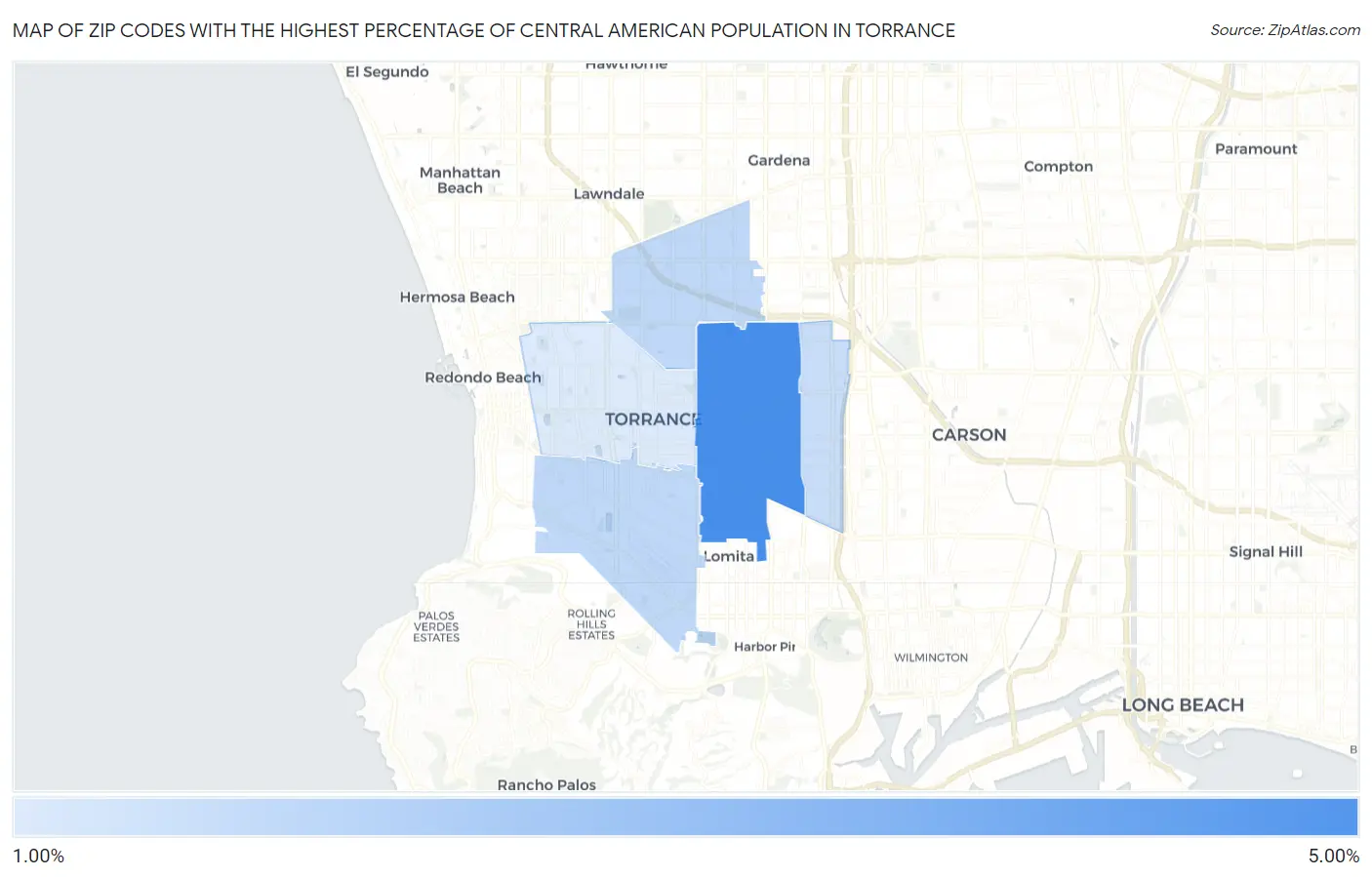 Zip Codes with the Highest Percentage of Central American Population in Torrance Map