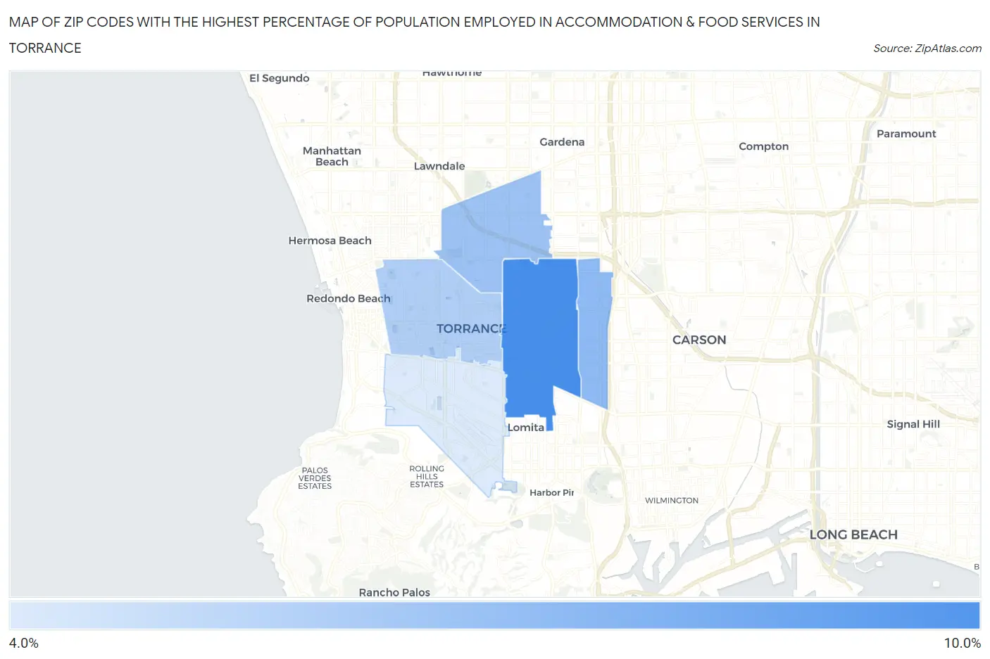 Zip Codes with the Highest Percentage of Population Employed in Accommodation & Food Services in Torrance Map