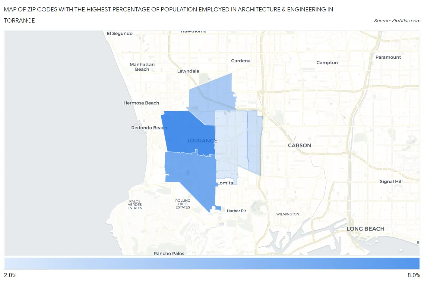 Zip Codes with the Highest Percentage of Population Employed in Architecture & Engineering in Torrance Map