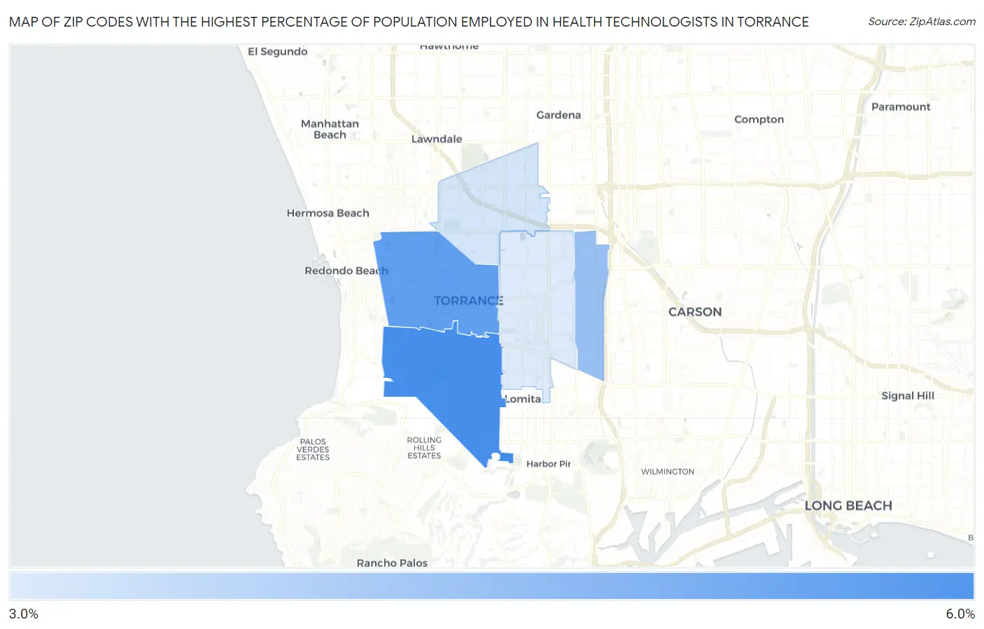 Zip Codes with the Highest Percentage of Population Employed in Health Technologists in Torrance Map