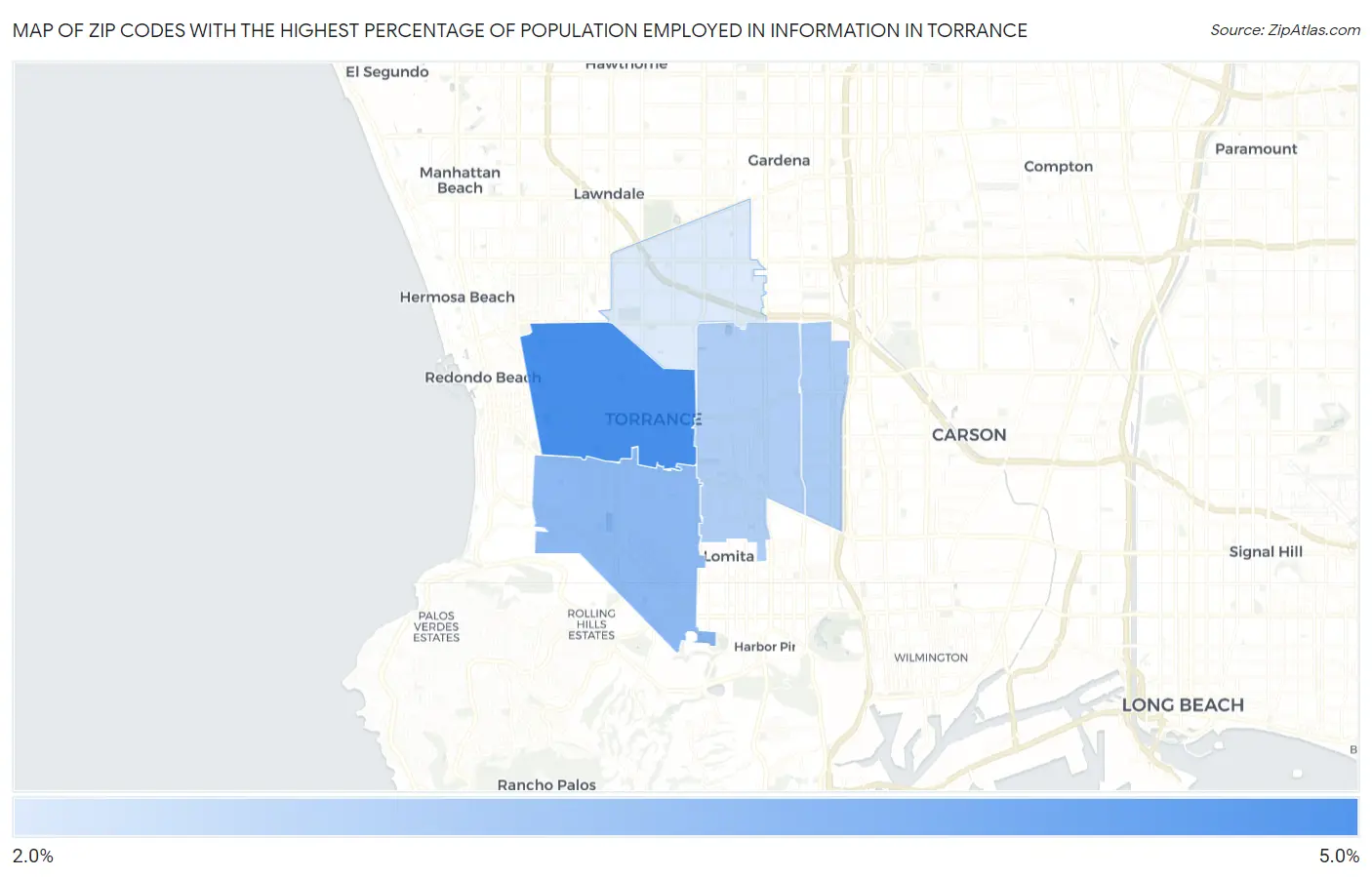 Zip Codes with the Highest Percentage of Population Employed in Information in Torrance Map