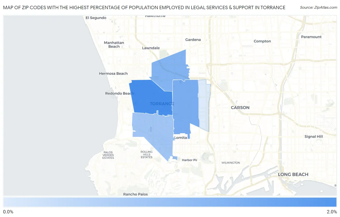 Zip Codes with the Highest Percentage of Population Employed in Legal Services & Support in Torrance Map
